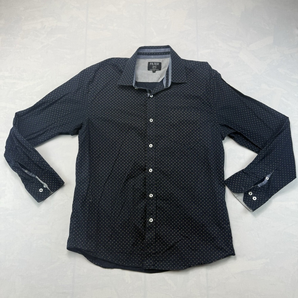 Filter Mens Shirt XL Navy Gold Pattern Button Down Long Sleeve Casual